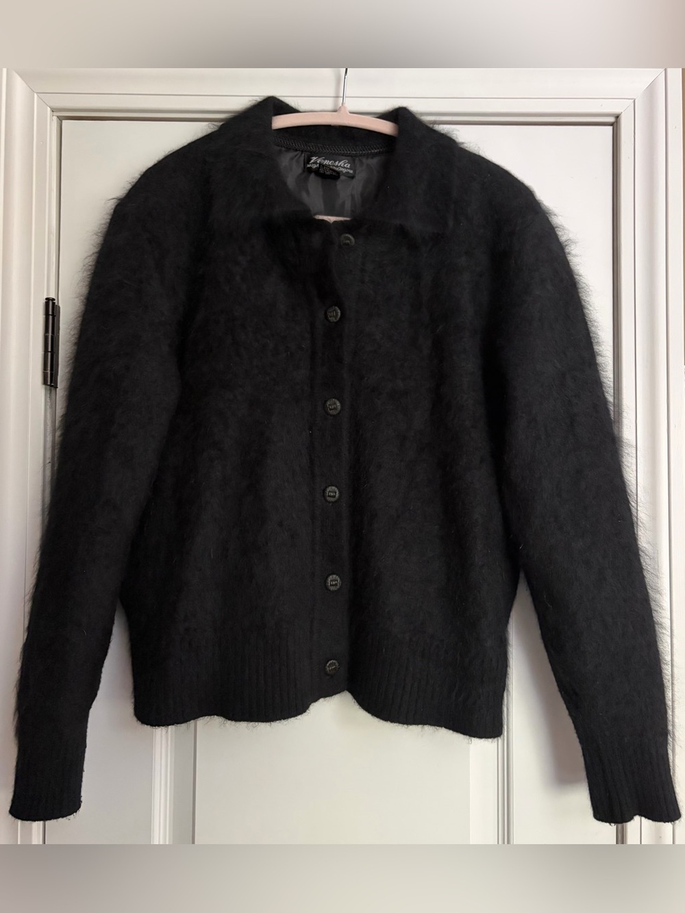 VTG Venesha 80% Angora Black Button-Up Sweater L Grandmacore Cozy Monochrome EUC